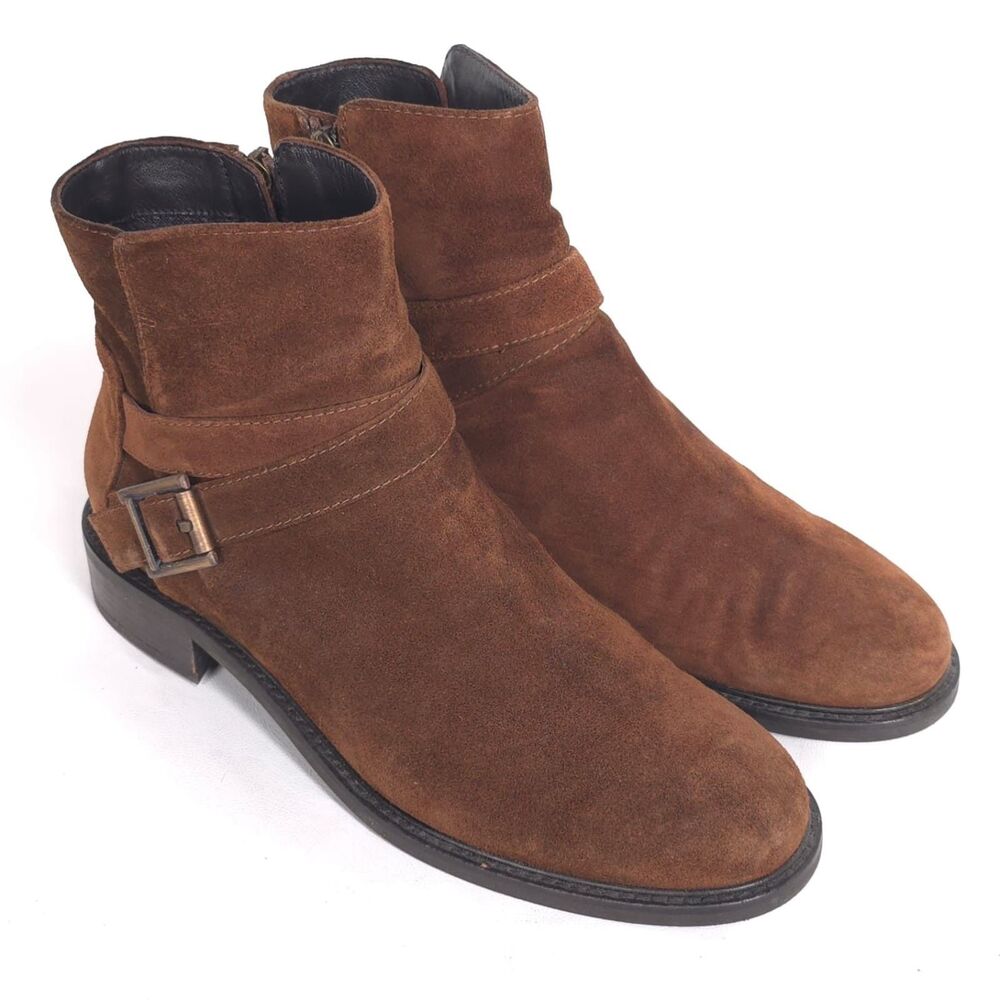 AQUATALIA Brown Leather Ankle Boots 10 Buckle Strap Zip‎ Made in Italy Women's